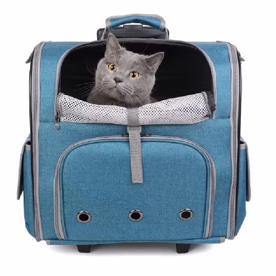 Custom Logo Blue Foldable Portable Pet Carrier Trolley Backpack